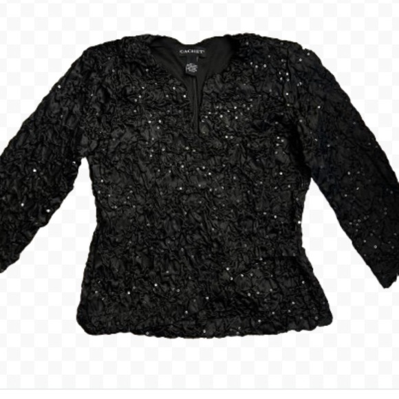 Cachet Evening Black Faux Wrap Sequin Women's Luxury Top Size L EUC - Picture 1 of 9